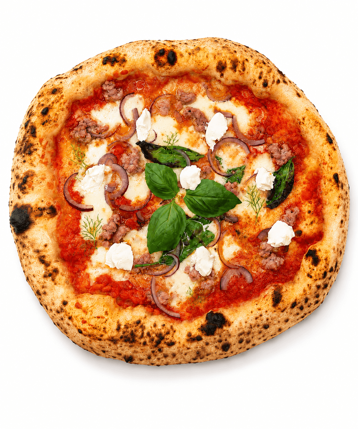 Pizza mit Salsiccia, roten Zwiebeln und Stracciatella